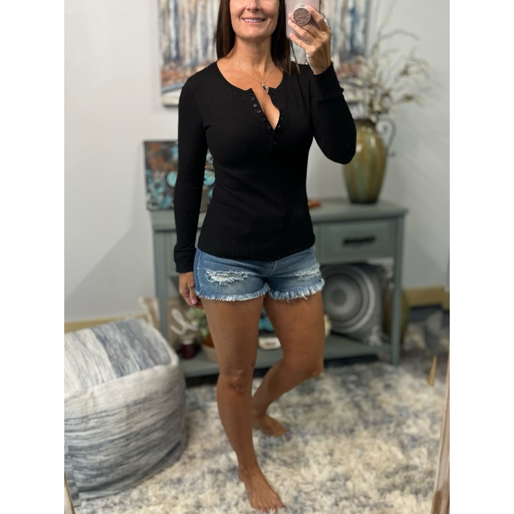 Henley Waffle Top Womens Black Thermal Fitted Sexy Retro Y2K Stretch Basic 0423